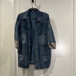 Distressed Dark Wash Denim Jacket - Blue